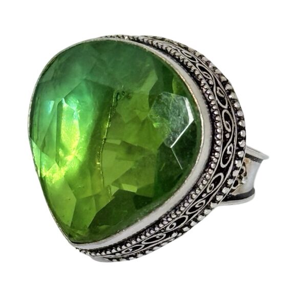 925 Sterling Silver Green Crystal Large Statement Ring Sz 8.5 Turkish Ethnic - Picture 16 of 16